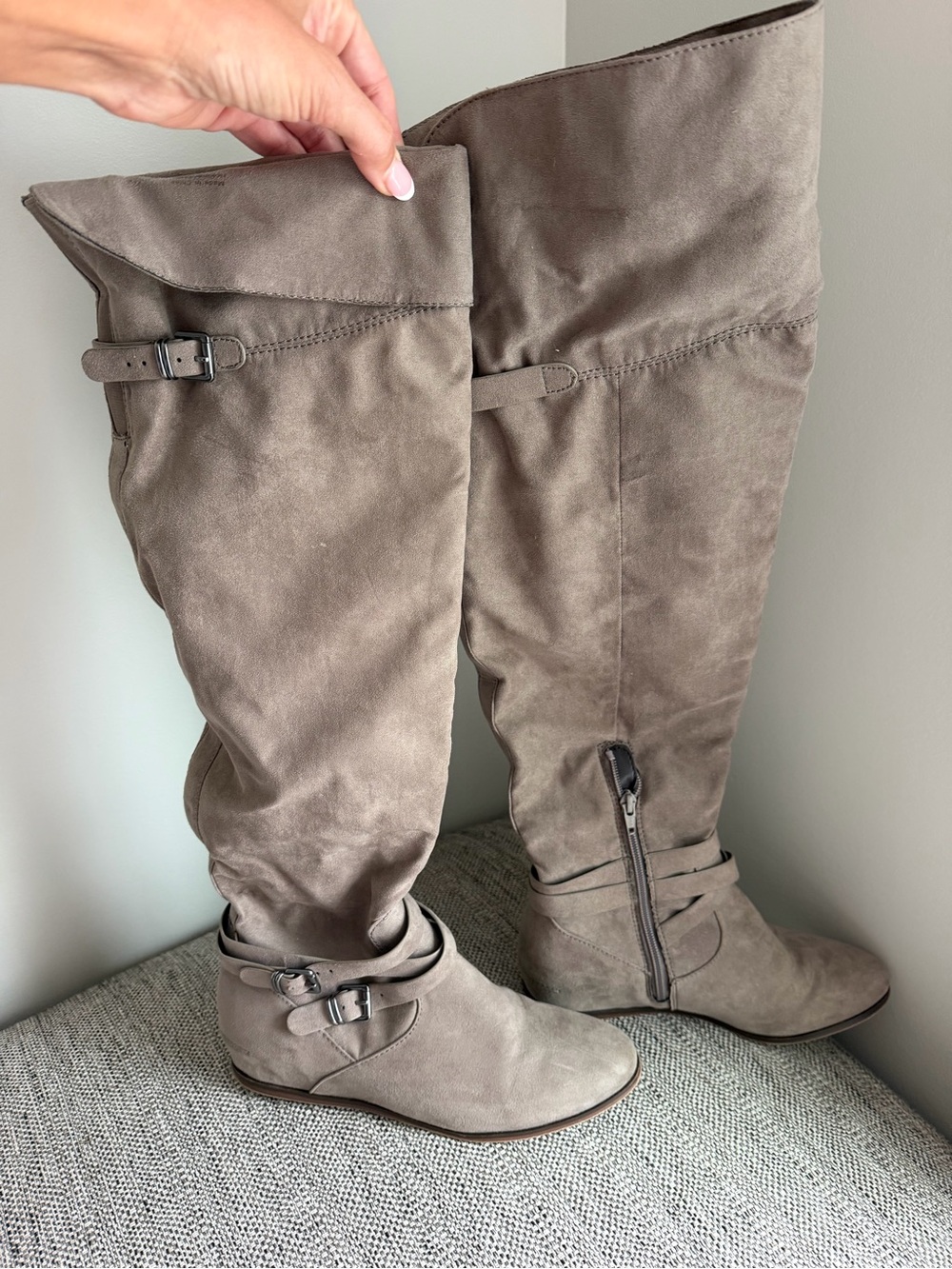 Aldo Taupe Suede Over-the-Knee Buckle Boots